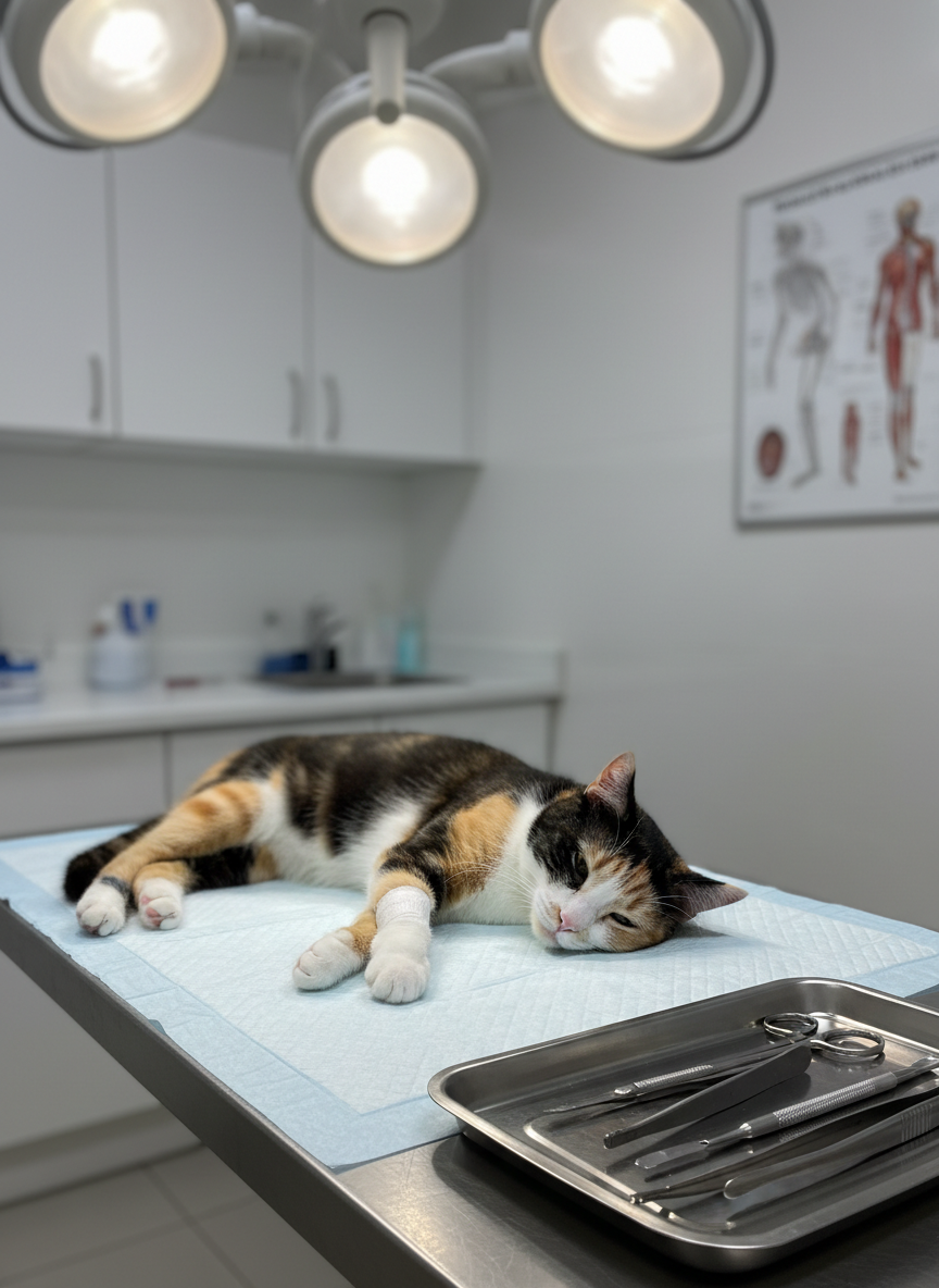 A quiet veterinary treatment table covered with a neatly arranged, pale blue disposable pad, where a calm, short-haired tri-color cat rests on its side, eyes half-closed in comfort, a small bandage carefully wrapped around one front leg. Stainless steel instruments are organized in a tray at the edge of the frame, gleaming but not threatening. Overhead clinical lights provide bright yet softened illumination, creating clear visibility and minimal shadows. The background reveals clean white cabinets and a wall-mounted chart of feline anatomy, slightly out of focus. Photographic realism with a professional, reassuring mood, eye-level angle, medium shot, emphasizing compassionate medical care rather than drama, perfect for explaining treatment and donations on a rescue site.