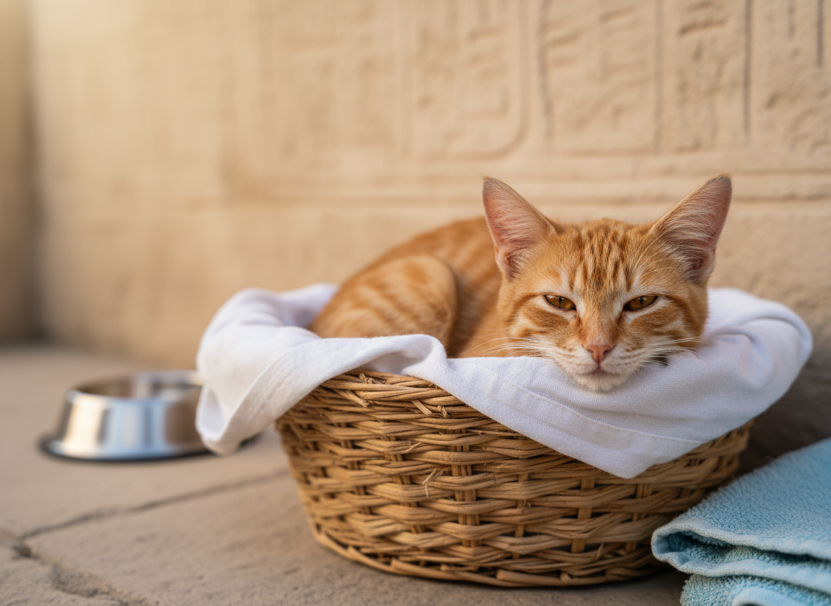 A small ginger street cat with bright amber eyes and slightly tattered ears lies curled on a clean white cotton blanket inside a simple woven basket, its fur freshly brushed yet still showing faint scars. The basket rests against a sunlit, pale sand-colored wall that hints at Egyptian stone architecture without revealing people. Soft late-afternoon natural light enters from the left, creating gentle highlights along the cat’s whiskers and a warm glow in its eyes. The background is subtly blurred, with a metal food bowl and a neatly folded towel just out of focus. Photographic realism, eye-level composition, shallow depth of field, calm and hopeful mood suited to a professional animal rescue charity website.