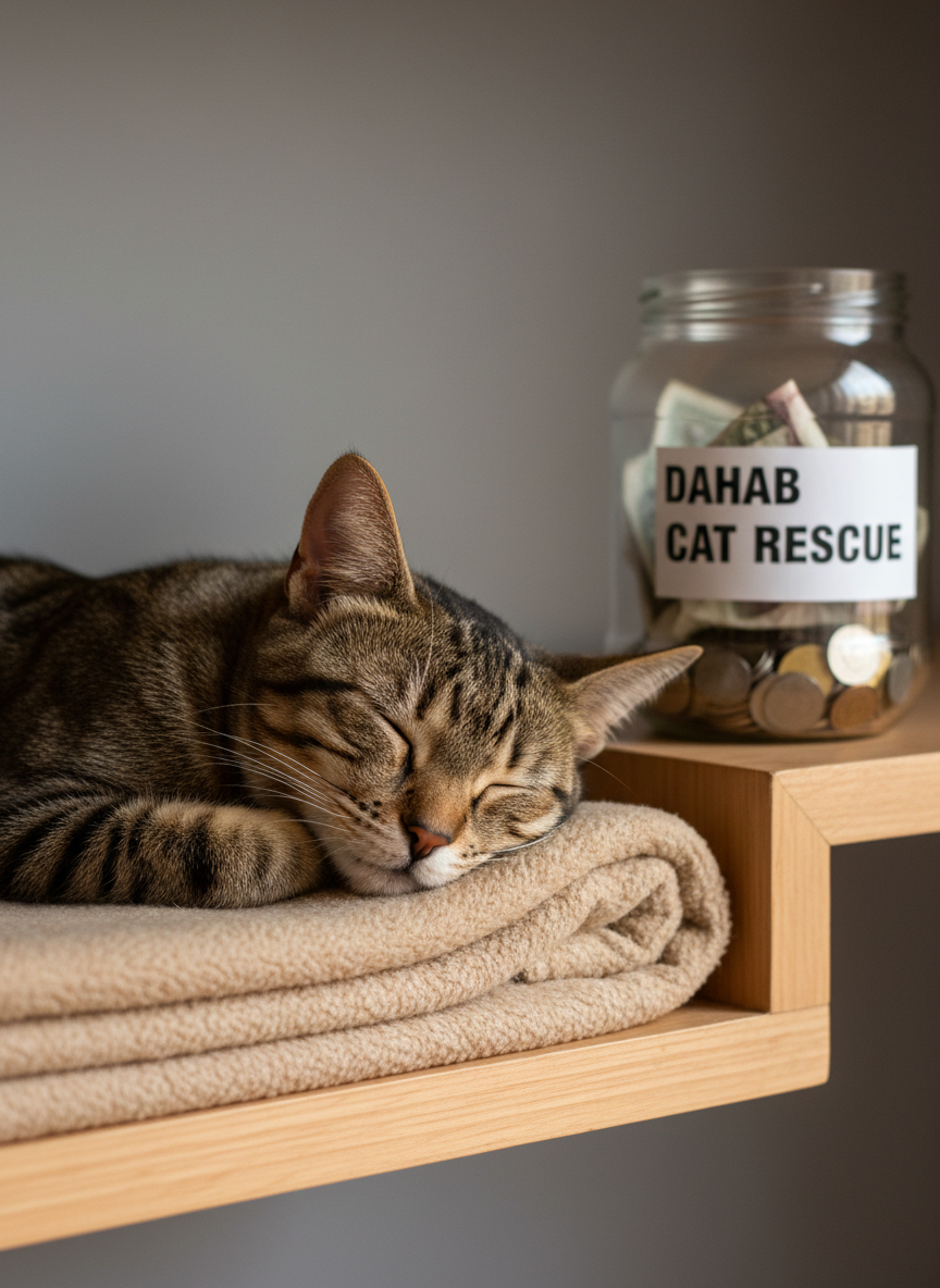 A close-up of a relaxed, rescued tabby cat with a slightly crooked tail and a faint scar above one eye, sleeping contentedly on a neatly folded, soft beige fleece blanket. Behind the cat, a small, clearly printed donation jar labeled for Dahab cat rescue sits on a smooth wooden shelf, slightly blurred but legible, containing a few visible banknotes and coins. Soft window light from the right creates delicate highlights on the cat’s whiskers and subtle reflections on the glass jar, while the background fades into a neutral, out-of-focus wall. Photographic realism, shallow depth of field, intimate and sincere mood, composed using the rule of thirds to draw attention to both the cat’s safety and the importance of donations.