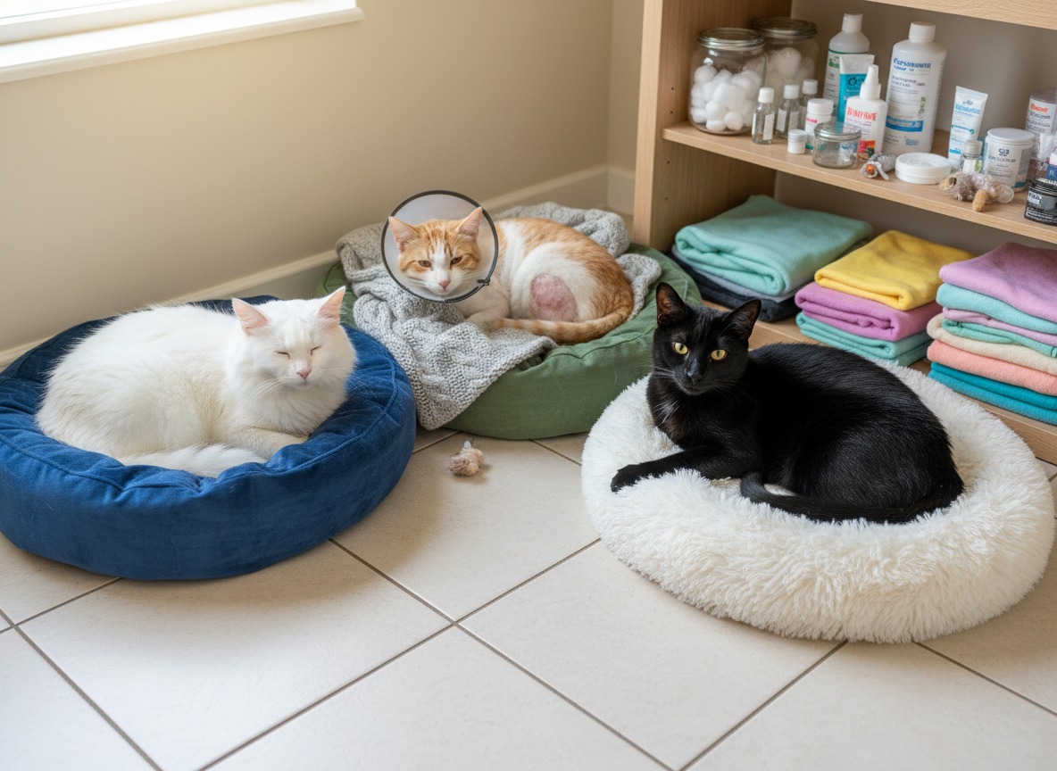 A cozy indoor cat recovery corner with three rescued cats of different colors—one white with a patched ear, one tabby with a shaved medical area on its leg, and one sleek black cat resting confidently—relaxing on cushioned beds. The beds are arranged neatly on a smooth, light-tiled floor beside a low wooden shelf stacked with clearly labeled medical supplies, soft blankets, and toys. Warm, diffused overhead lighting mixes with a hint of natural daylight from an unseen window, creating a clean, reassuring clinical atmosphere without harshness. The camera captures a wide, eye-level view, sharp focus throughout, emphasizing order, care, and safety. Photographic realism with a professional, trustworthy mood ideal for a nonprofit cat rescue’s about page.