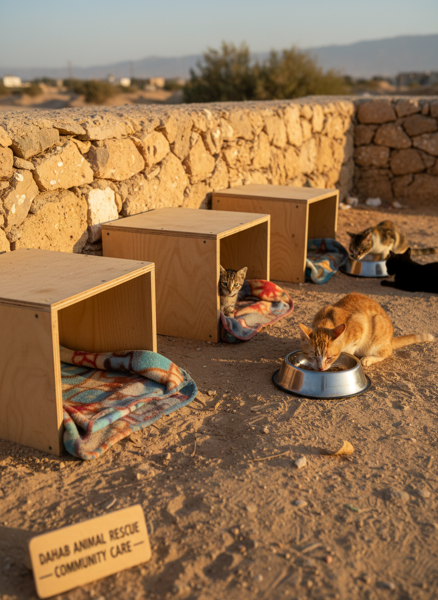 A sunlit outdoor feeding and shelter station for street cats beside a low, textured stone wall typical of Dahab, with three simple wooden shelters lined with colorful, well-worn blankets. Several cats of varying ages and coat patterns gently interact: a cautious kitten peers from a shelter entrance while an older, one-eyed ginger cat eats from a shiny metal bowl. Late-afternoon golden light creates long, soft shadows across the sandy ground, picking up warm tones from the stone and wood. The composition is wide and balanced, with the shelters forming a gentle diagonal through the frame. Photographic realism, natural colors, calm and caring atmosphere, illustrating structured support for street cats in a professional nonprofit context.