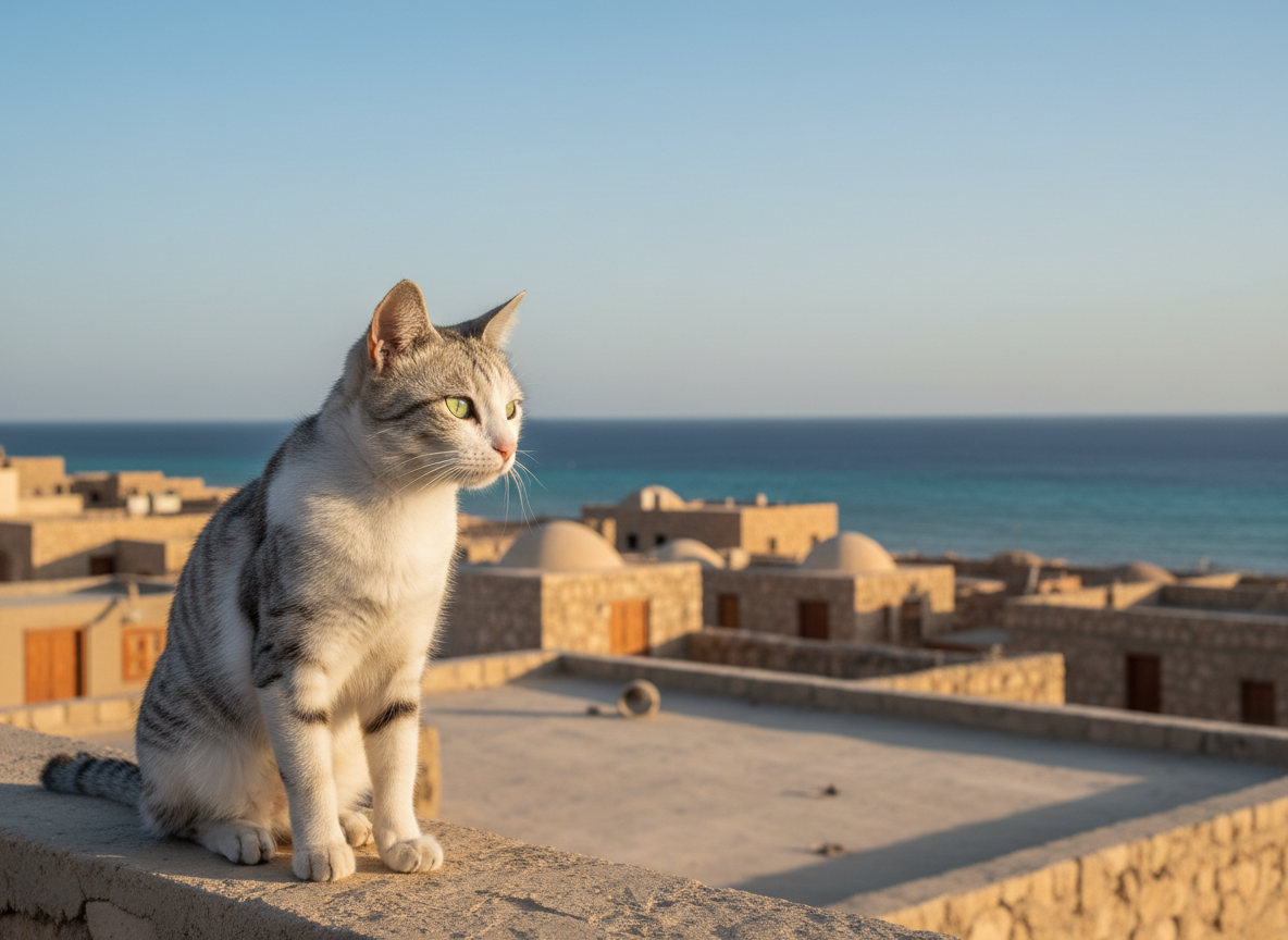 A slender, short-haired white and gray cat with striking green eyes sits at the edge of a flat rooftop overlooking the turquoise waters of the Red Sea, small stone buildings of Dahab stretching into the distance. The cat’s fur moves slightly in a gentle breeze, and its posture is alert yet relaxed, symbolizing resilience. Early morning sunlight casts a soft golden glow, highlighting subtle textures in the cat’s fur and the sun-bleached stone beneath its paws. The background is crisp but slightly less sharp than the cat, using moderate depth of field. The sky is clear, pale blue, adding freshness and optimism. Photographic realism, rule-of-thirds composition, with an uplifting, hopeful atmosphere that connects the rescue work to Dahab, Egypt.